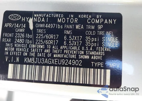 2014 Hyundai Tucson Se z USA, uszkodzony, nr VIN KM8JU3AGXEU924902